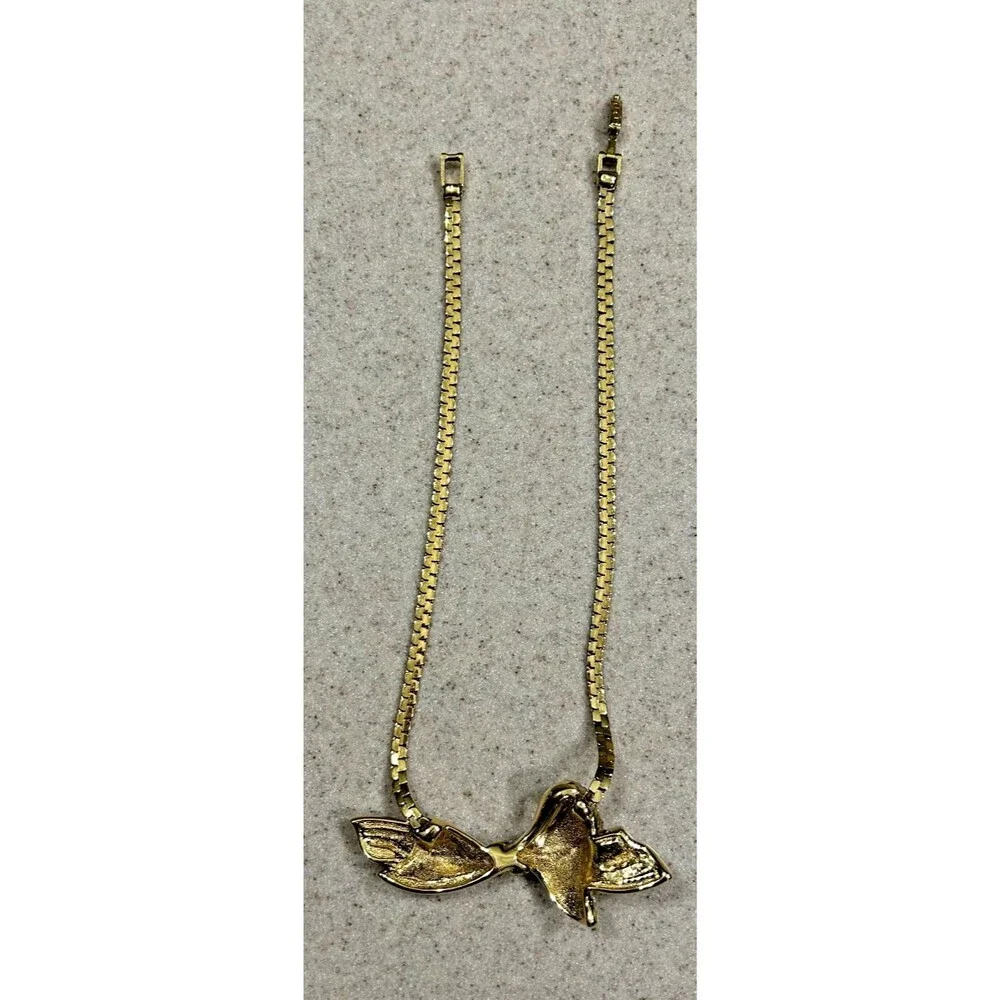 Vintage Style Yellow Gold-Tone Necklace w/Rhinestone Bow